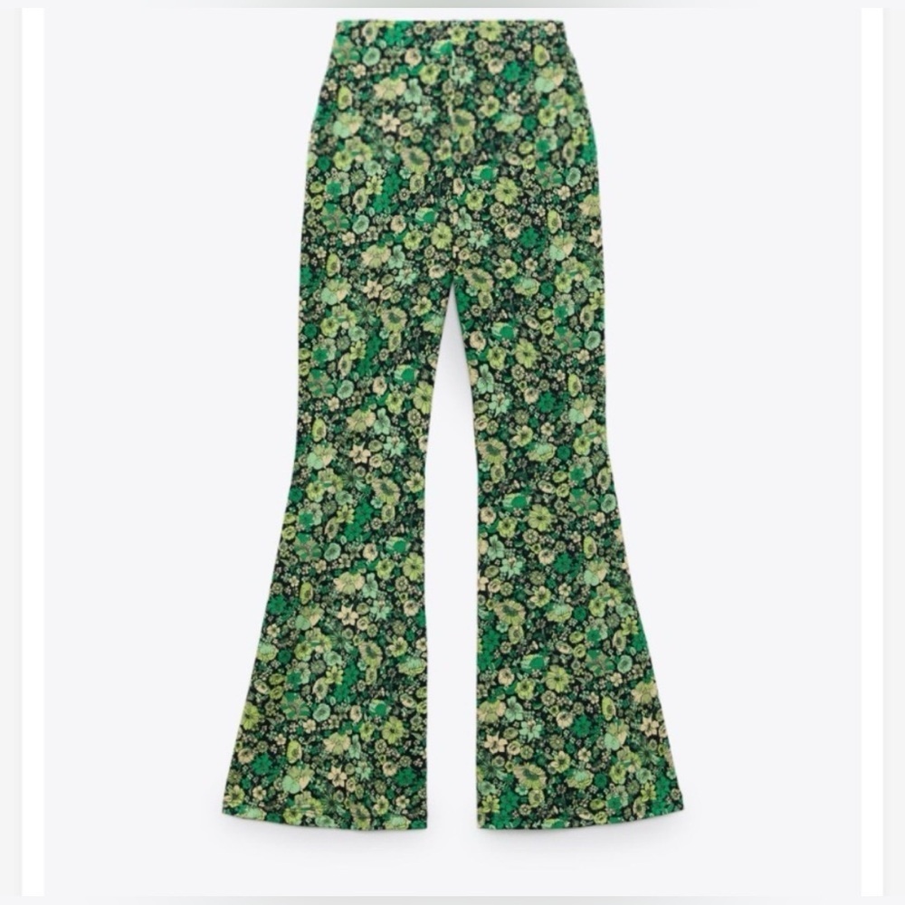 Zara Green Floral Wide-Leg Pants - Picture 2 of 8